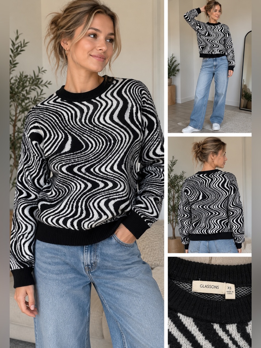 Glassons XS Black White Wavy Swirl Knit Sweater Y2K Optical Illusion